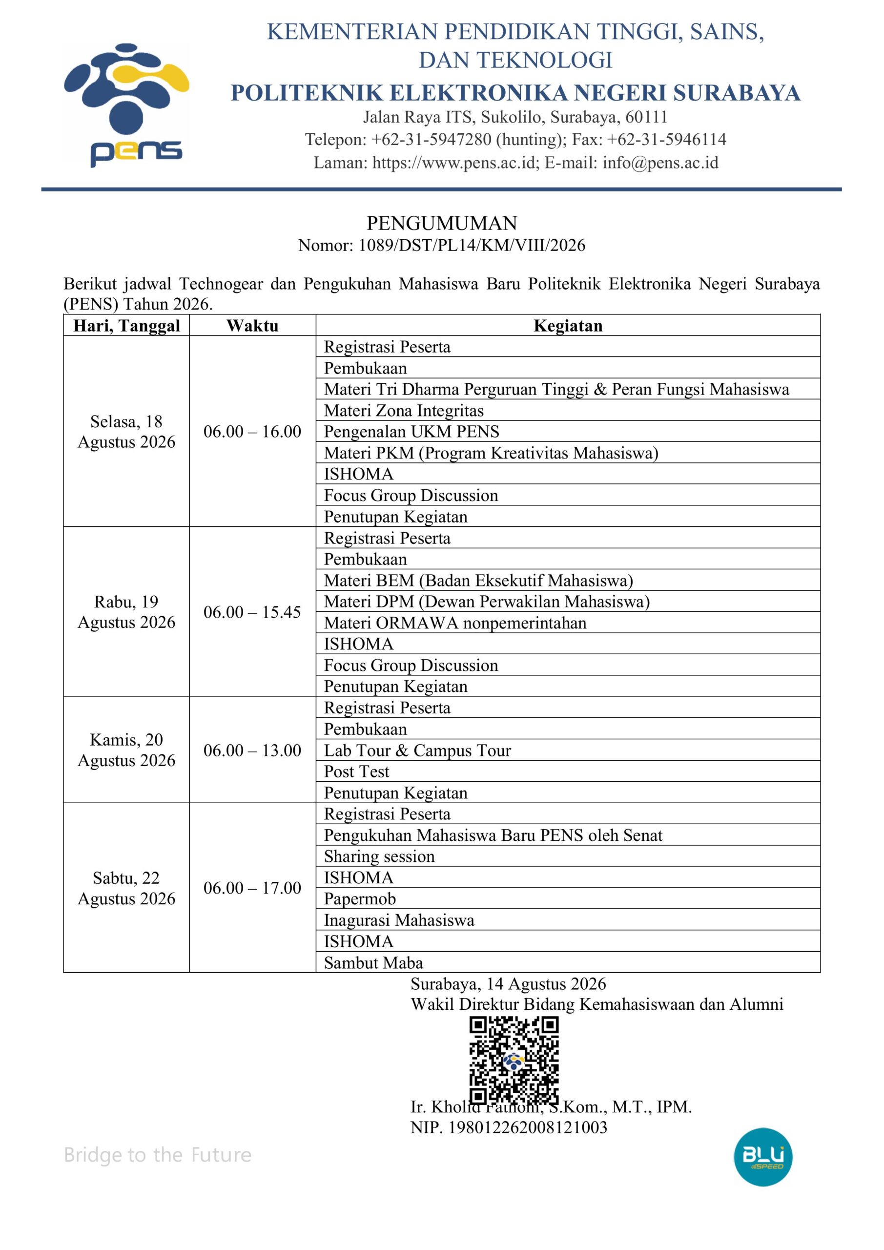 Pengumuman Jadwal Kegiatan Technogear dan Pengukuhan Maba 26